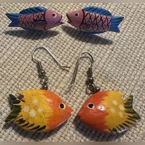 Vintage Wooden Fish  Earrings 2 pair